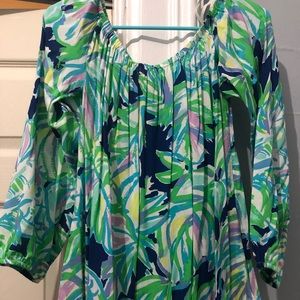 Lilly Pulitzer off the shoulder pompom shirt